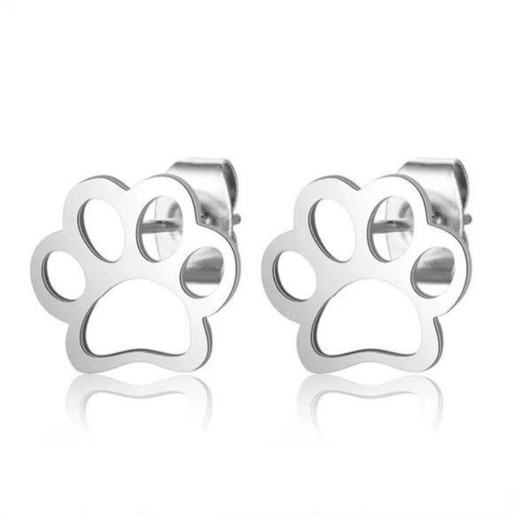 SILVER - Stainless Steel ♡ Paw Prints Stud Earrings - Picture 5 of 5